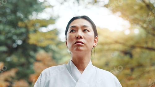 Preview: Woman, thinking and reflection in nature for peace, idea and mindset for martial arts practice in T