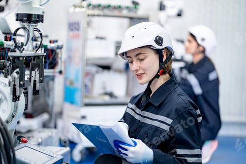 Preview: Female engineers working on robotics in industry factory. Technology, people and engineering concept