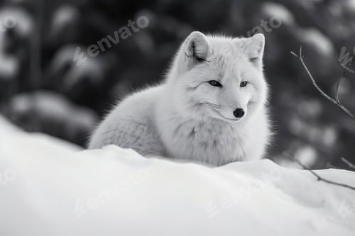 Preview: a lone arctic white fox sitting on top of snow covered ground