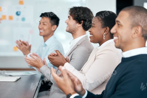 Preview: Meeting, success and hand clapping in presentation by business people after motivation and goal spe