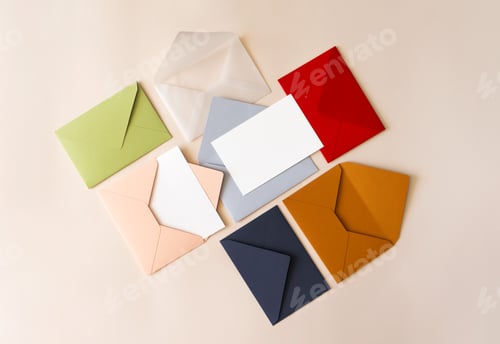 Preview: Colorful mail envelopes on beige background flat lay, top view