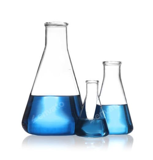 Preview: Conical flasks with blue liquid isolated on white. Laboratory glassware