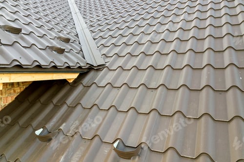 Preview: Close up of new house roof structure covered with metal tile sheets