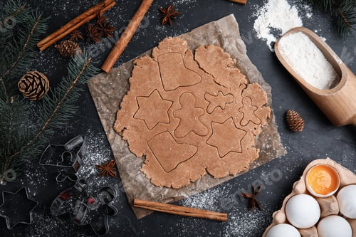 Preview: Making Christmas cookies. Flat lay composition with raw dough and ingredients on black table