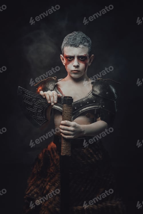 Preview: Little barbaric warrior with huge axe in dark background
