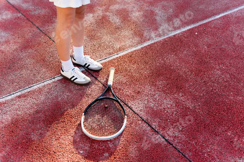 Preview: Sporty person standing on red tennis court with racket
