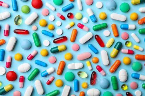 Vista previa: Different pills on color background, flat lay