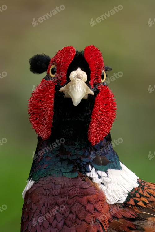 Preview: Pheasant with striking plumage, featuring a vibrant red head and contrasting black wings