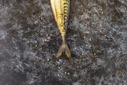 Preview: Smoked mackerel without head on black background. copyspace top view