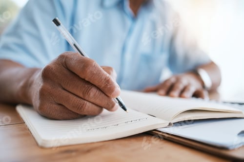 Preview: Man, hands and writing in book for finance, budget or schedule planning in remote work at home. Clo