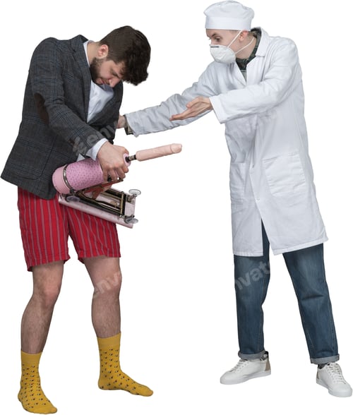 Preview: a man in a white lab coat and a man wearing a mask and yellow socks
