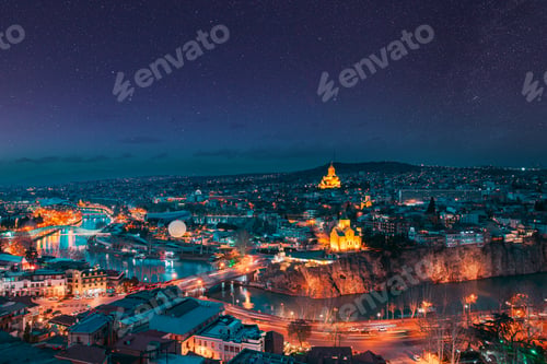 Preview: Tbilisi, Georgia. night dusk evening Top View Of Famous Landmarks In spring Evening dusk night