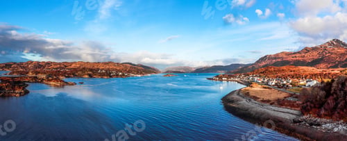 Preview: Aerial panoramic view of blue water with mountains on the shore in Kyle of Lochalsh, Scotland, UK