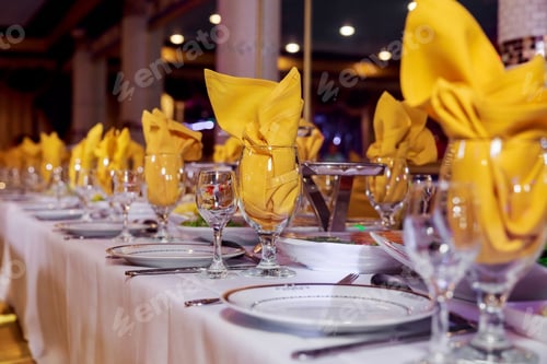 Preview: Beautifully decorated catering banquet table with different food snacks and appetizers with sandwich