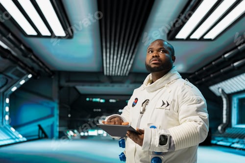 Preview: Astronaut in spacecraft verifying navigation coordinates using device