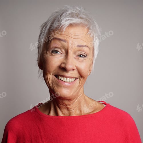 Preview: happy older woman in her 60s with trendy short white hair laughing