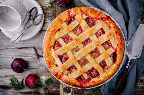Preview: Homemade plum pie on rustic background