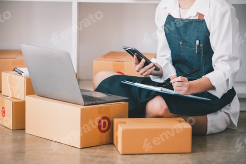 Preview: Small start-up business owners checking parcels at work, freelancers, salespeople, checking producti