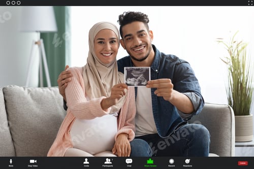 Preview: Virtual Announcement. Muslim Couple Showing Baby Ultrasound To Family Via Video Call