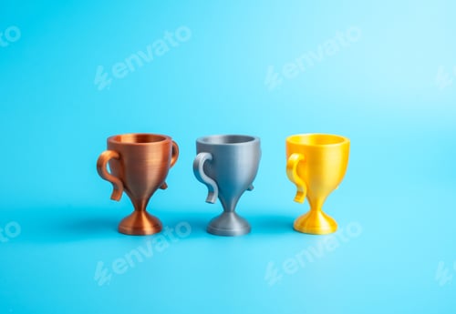 Preview: Cups for the winners of the three prize places: gold, silver, and bronze cups.