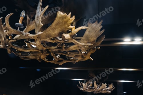 Vista previa: A chandelier made of deer antlers hanging on the ceiling of the interior