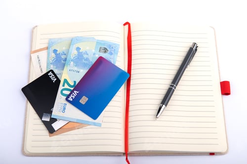 Preview: money, credit card, pen on an open planner, financial analytics concept,