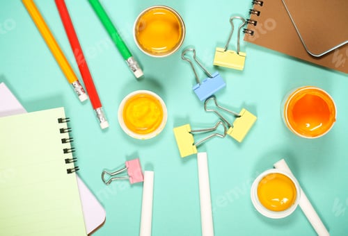 Preview: Goods For Creativity And School Lie On A Bright Background Near School Black Board