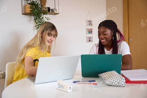 Preview: Multiethnic students working on laptops at home
