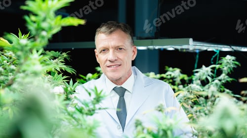 Preview: A researcher is inspecting and analyzing cannabis plants that are being grown in a greenhouse.