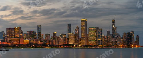Preview: Panorama of Chicago Cityscape river side along Lake Michigan at beautiful twilight time