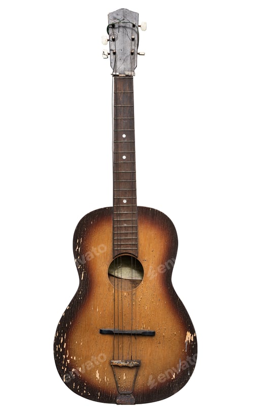 Preview: old grungy acoustic guitar isolated on white background
