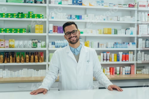 Preview: Portrait of a handsome pharmacist working in a pharmacy