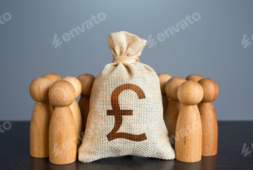 Preview: People figures stand around british pound sterling money bag.