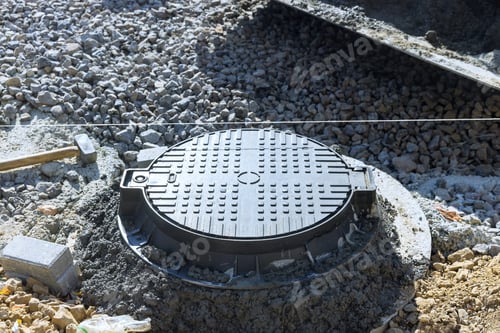 Preview: Concrete is being placed to secure forming top border of a manhole for utility pit
