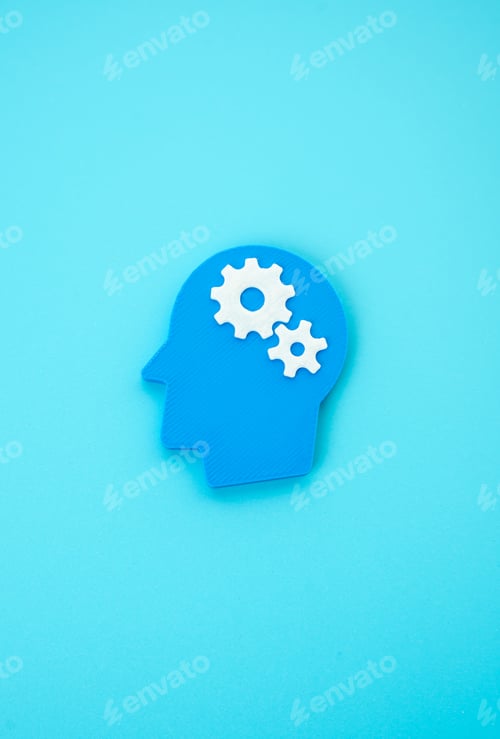 Preview: Head with gears. Concept of thoughts and reasoning. Intellectual development.