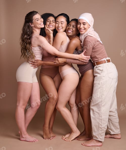 Preview: Diversity hug, beauty and body positive women in studio on a brown background. Underwear, skincare