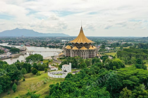 Preview: Aerial view of Kuching City featuring the iconic Dewan Undangan Negeri Sarawak