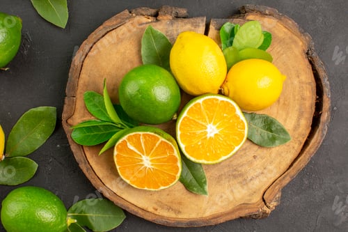 Preview: top view fresh sour lemons on dark background trees fruit citrus lime