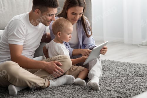 Preview: Online Shopping. Young Parents And Infant Baby Using Digital Tablet At Home