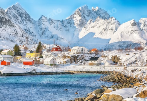 Preview: Breathtaking winter scenery of A village. Norwegian fishing village, with the typical rorbu houses .