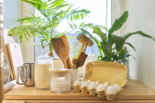 Preview: Products, kitchen utensils on the table in pantry