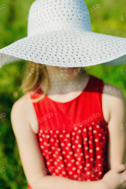 Preview: girl in red dress and white hat with large brim