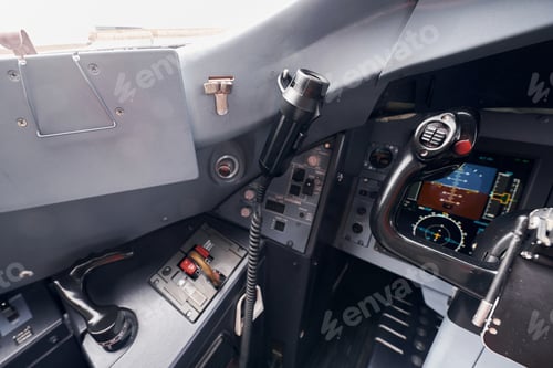 Preview: Different displays. Close up focused view of airplane cockpit