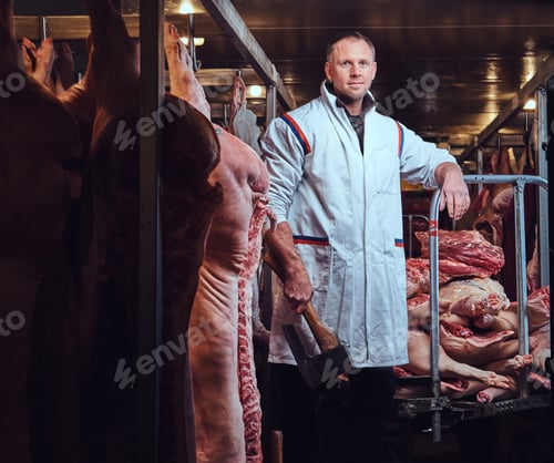 Preview: The butcher in a meat factory.