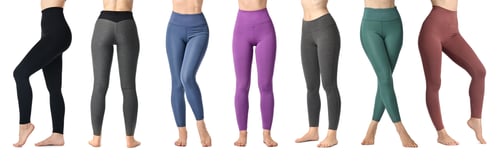 Preview: Women posing in different yoga leggings on white background, closeup. Collage of photos
