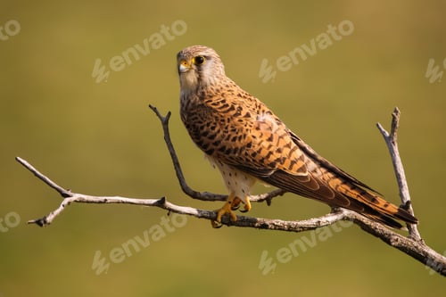 Preview: Alert common kestrel female sitting on a tree in sunny spring nature
