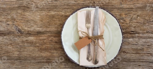 Preview: Table setting with tsg on wooden background