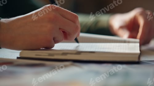 Preview: Woman hands closing notepad putting pen inside closeup. Girl finish noting plan.