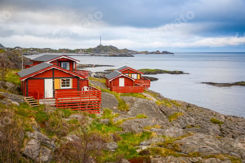 Preview: Traditional red camping houses with sea view, Norway