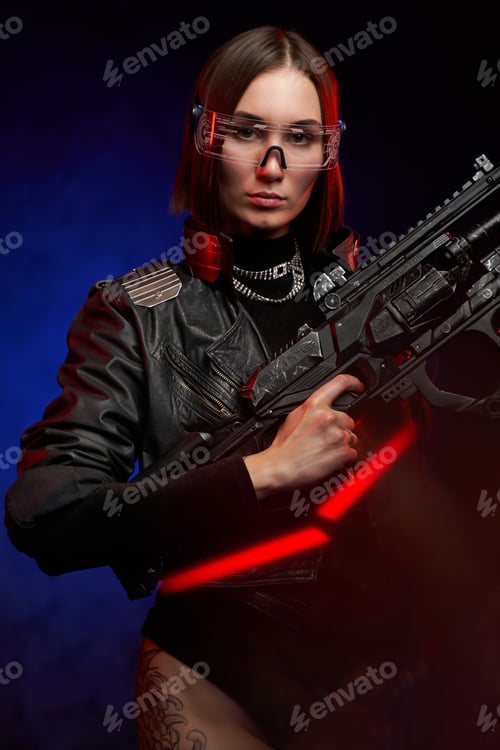 Preview: Serious and beautiful female soldier with rifle in dark background